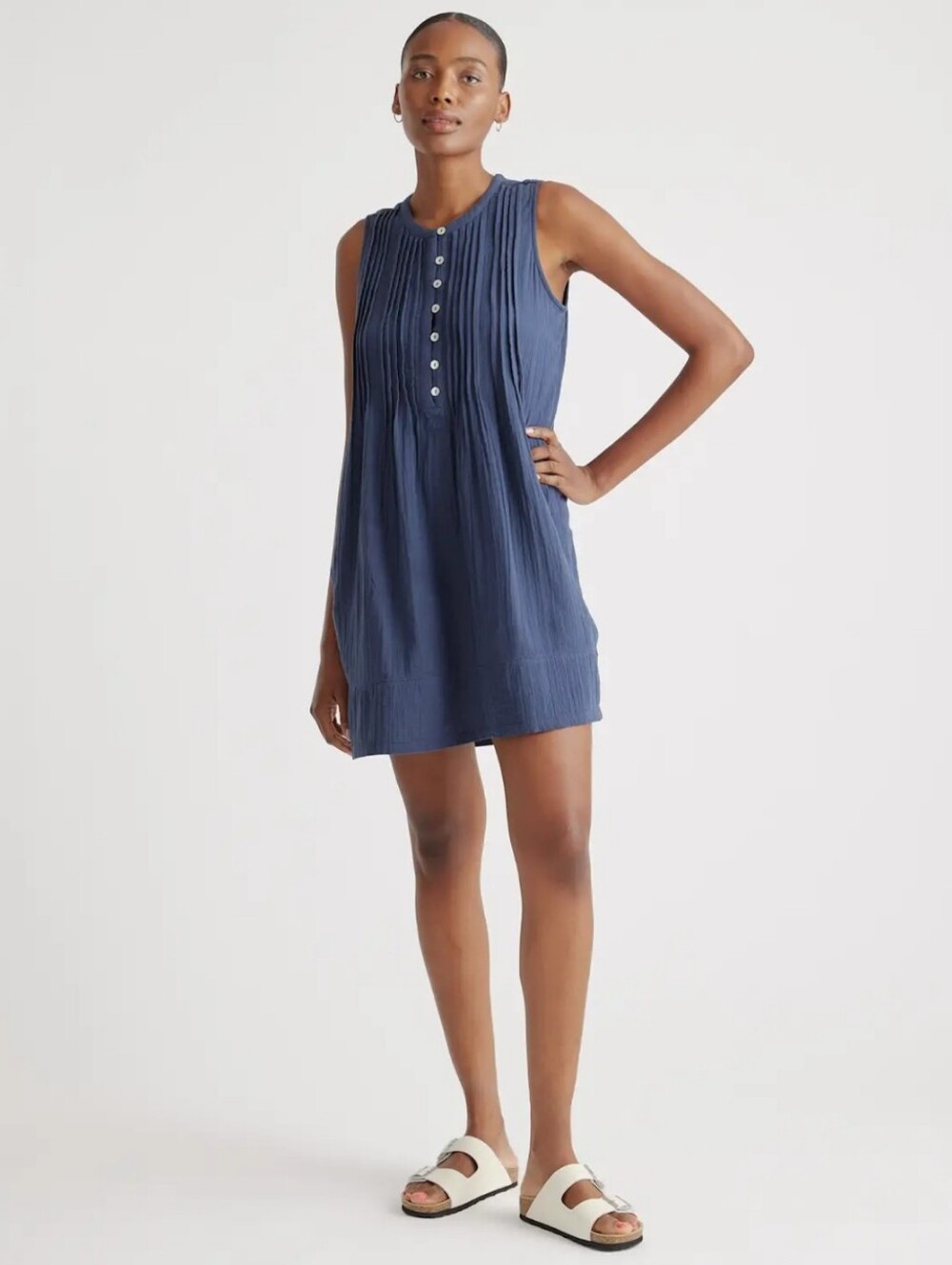 Quince 100% Organic Cotton Gauze Sleeveless Swing Dress, XS, Indigo Blue